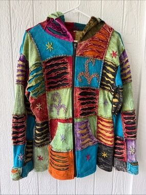 KPC Nepal Womens Bohemian Patchwork Hooded Jacket - Multicolor sz XL